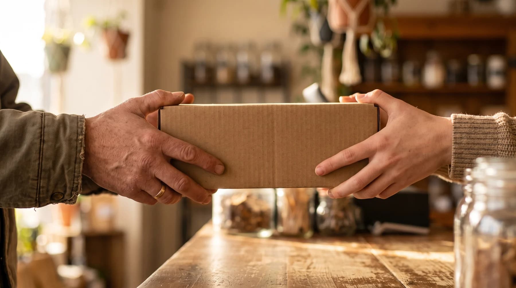 Entrega de una caja sobre el mostrador de una tienda